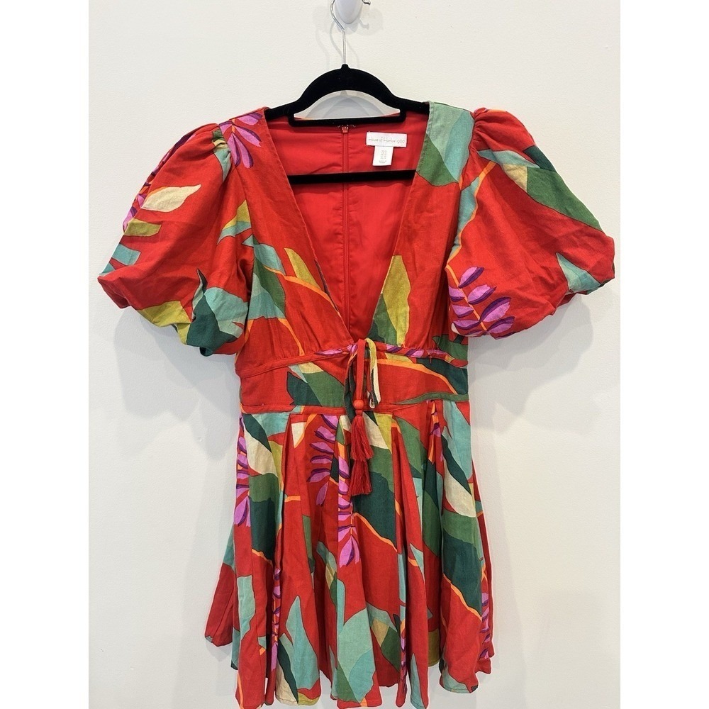 House Of Harlow 1960 Red Floral 6 Linen Blend Puff‎ Sleeve Fit &Flare